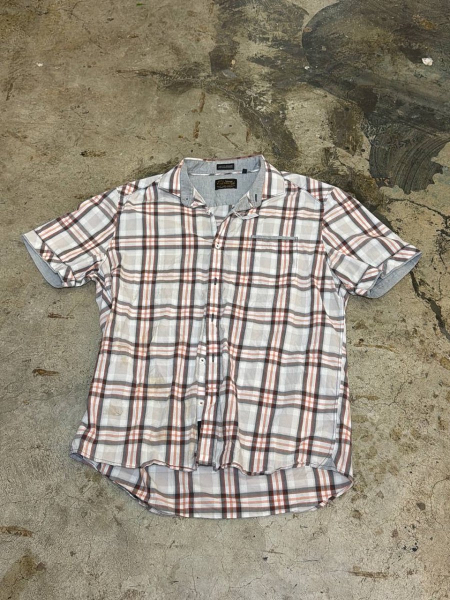 7 Diamond button up shirt plaid white orange L