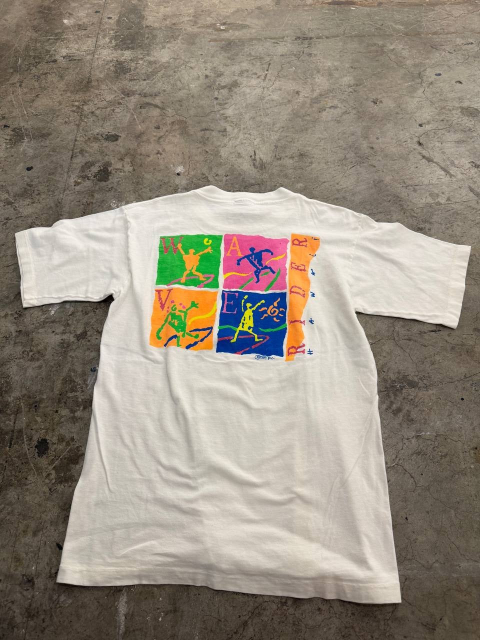 Oneita Single Stitch Graphic T-Shirt Wave Rider Hawaii White Size L
