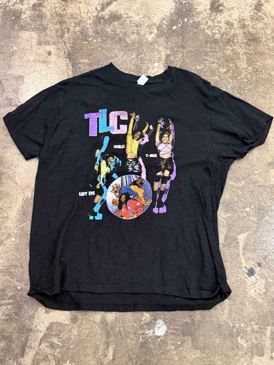 TLC graphic T-shirt with vibrant design on black