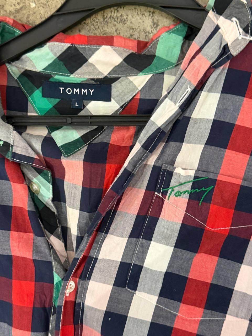 Tommy short sleeve checkered shirt red navy L