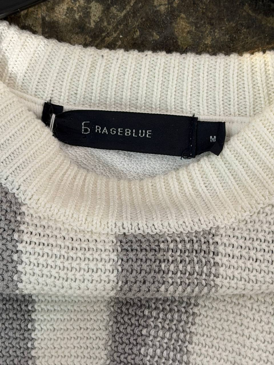 Rageblue knit sweater with striped design in white and grey, size M