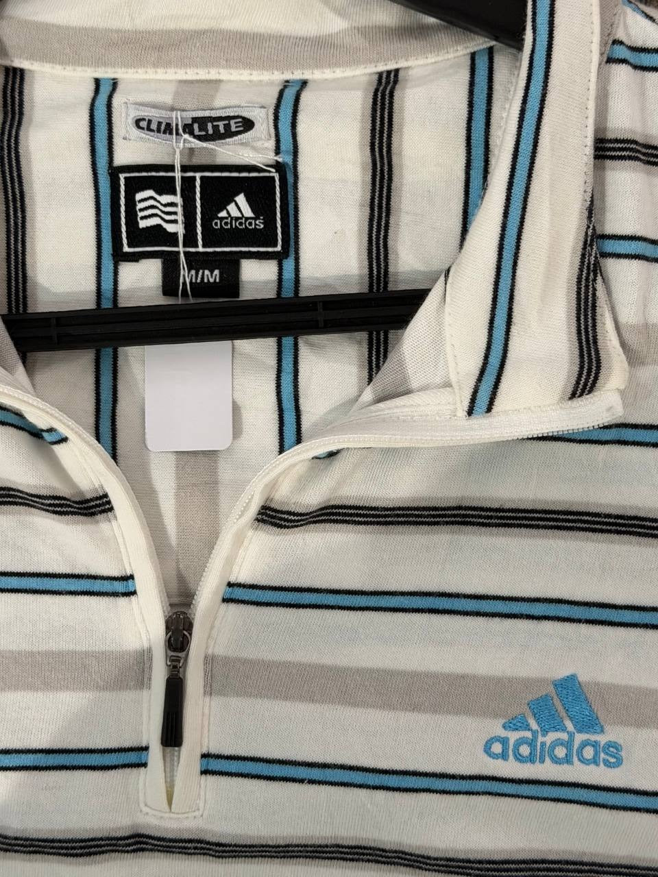Adidas quarter zip top striped design white and blue M