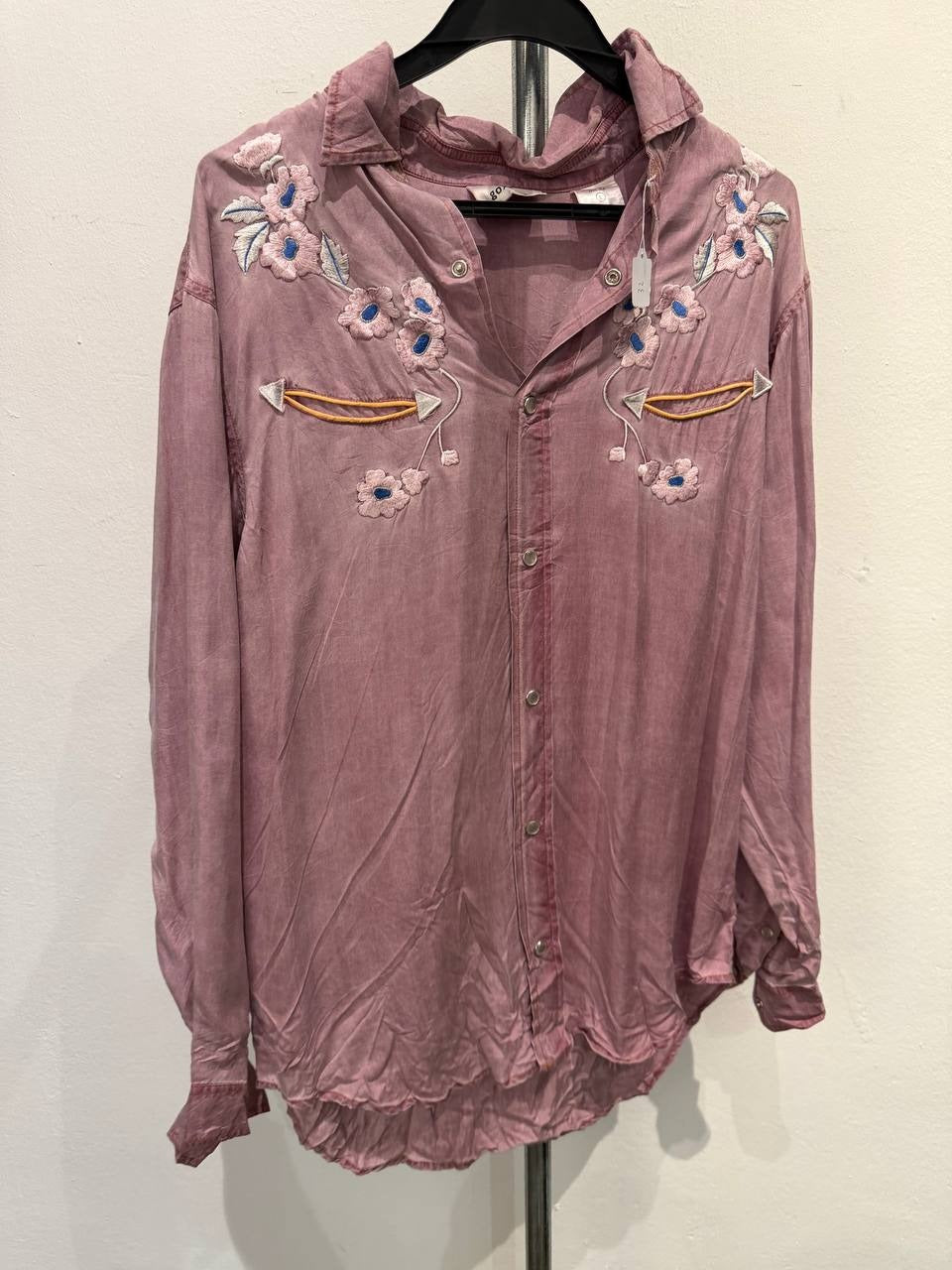 go>silk button-up shirt embroidered floral design pink S